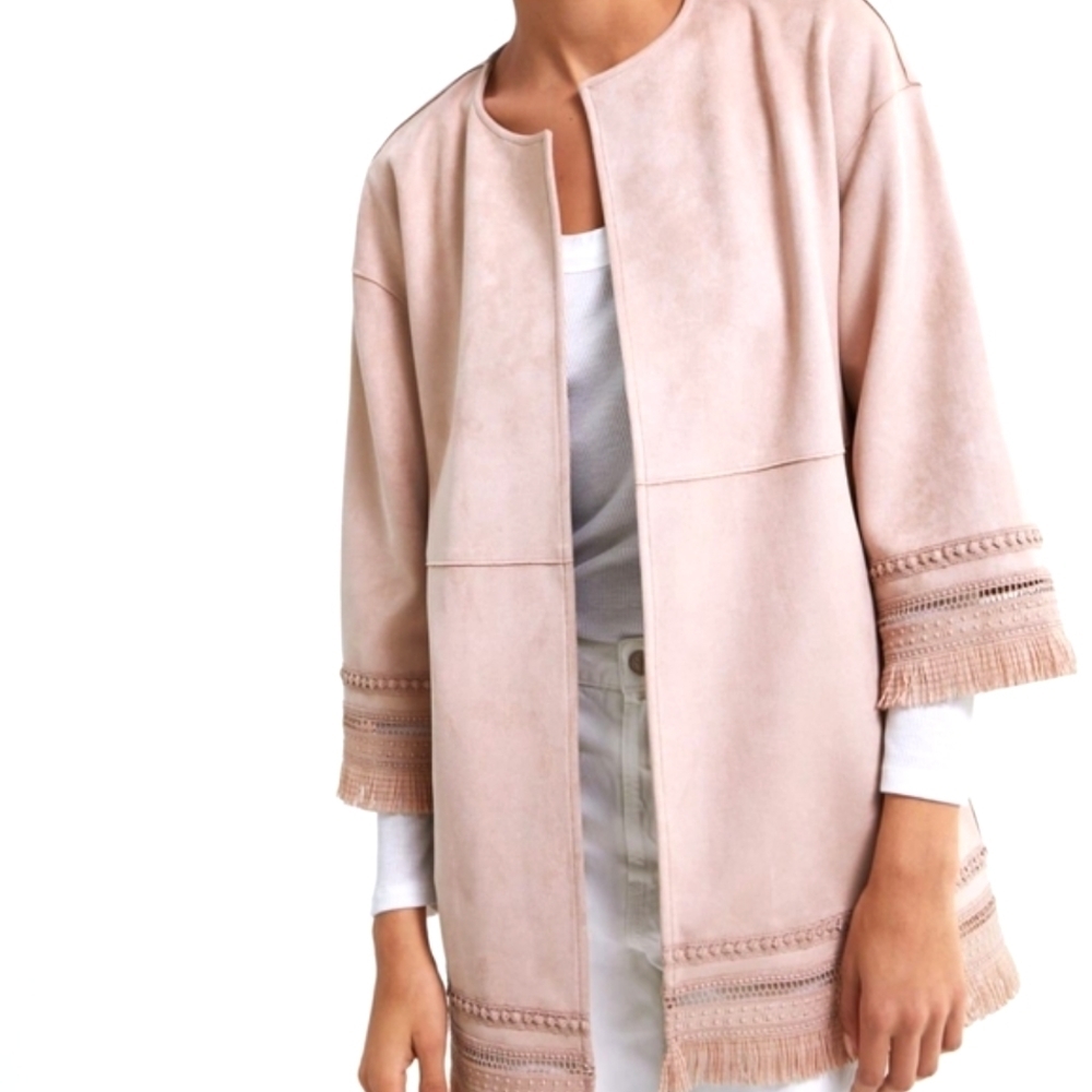 Women's Zara Jacket Faux Suede Fringe 3/4 Sleeves Light Dusty Pink Rose Medium M - Picture 2 of 16